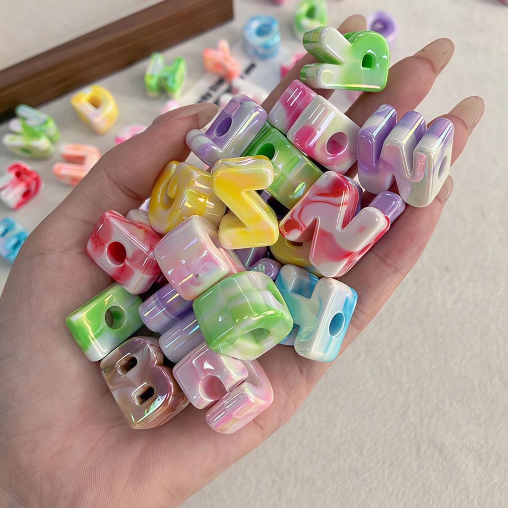 26-100pcs Acrylic Alphabet Beads Large Hole Two-Tone Iridescent UV Coated for DIY Phone Chain Keychain Jewelry Making Loose Bead