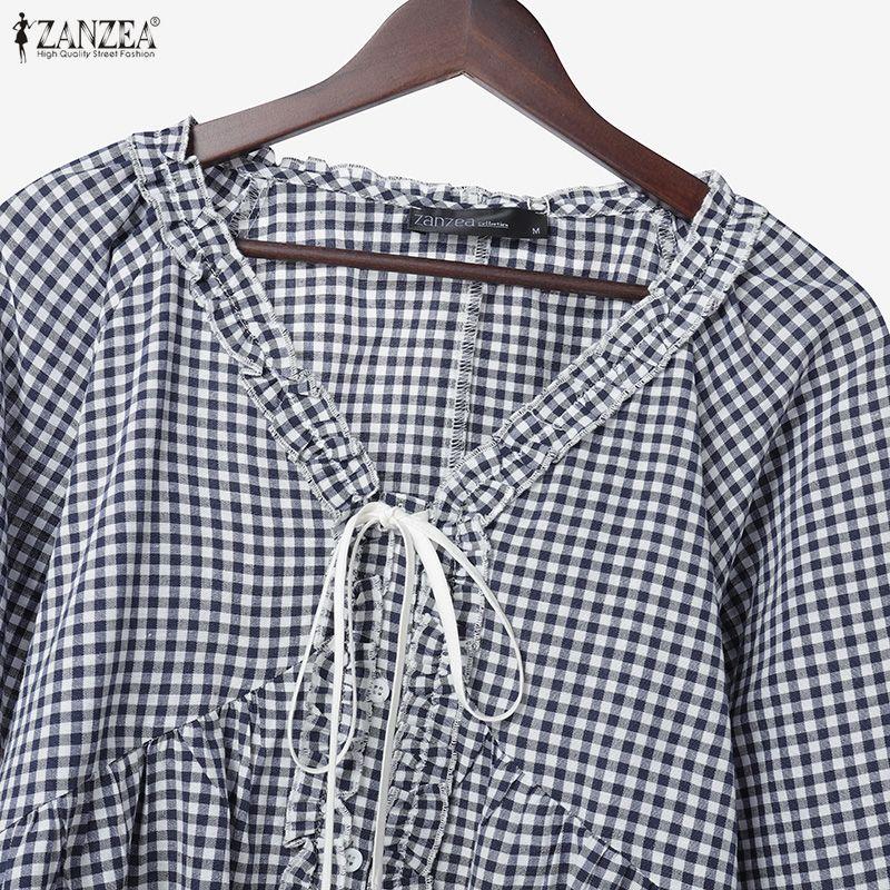 ZANZEA Women Casual V-Neck Plaid Print Loose Long Sleeve Blouse