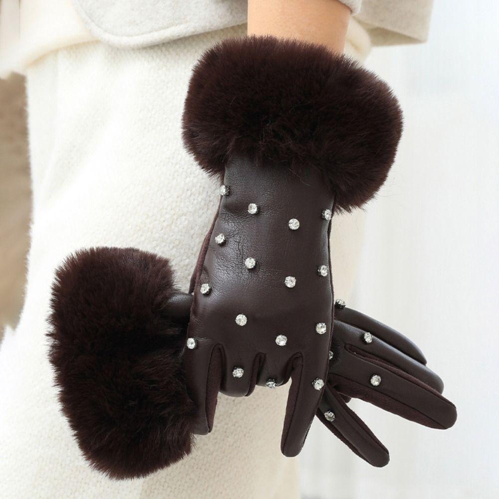 Fashion Faux Fur Trim Cuff PU Leather Gloves Lined Rhinestone Winter Thermal Gloves Windproof Touchscreen Warm Gloves for Women