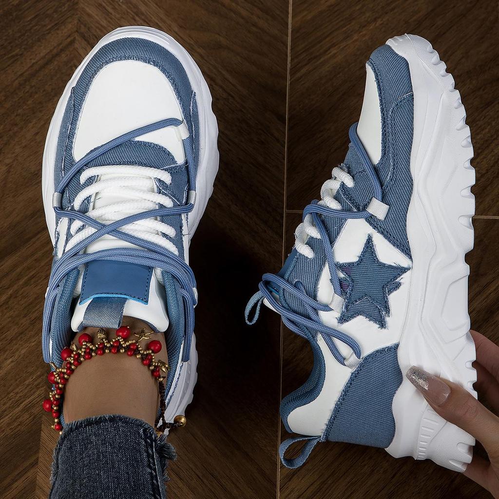 MCTIN Couples Chunky Sneakers Casual Lace Up Platform Shoes for Women Star Decor Men Sports Shoes