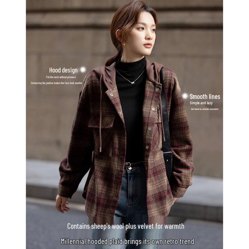 Demana Women's Wool Blend Lined Plaid Hooded Winter Coat