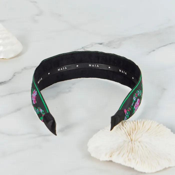 Maia Pearl Flower Jacquard Hairband A - Plain Green