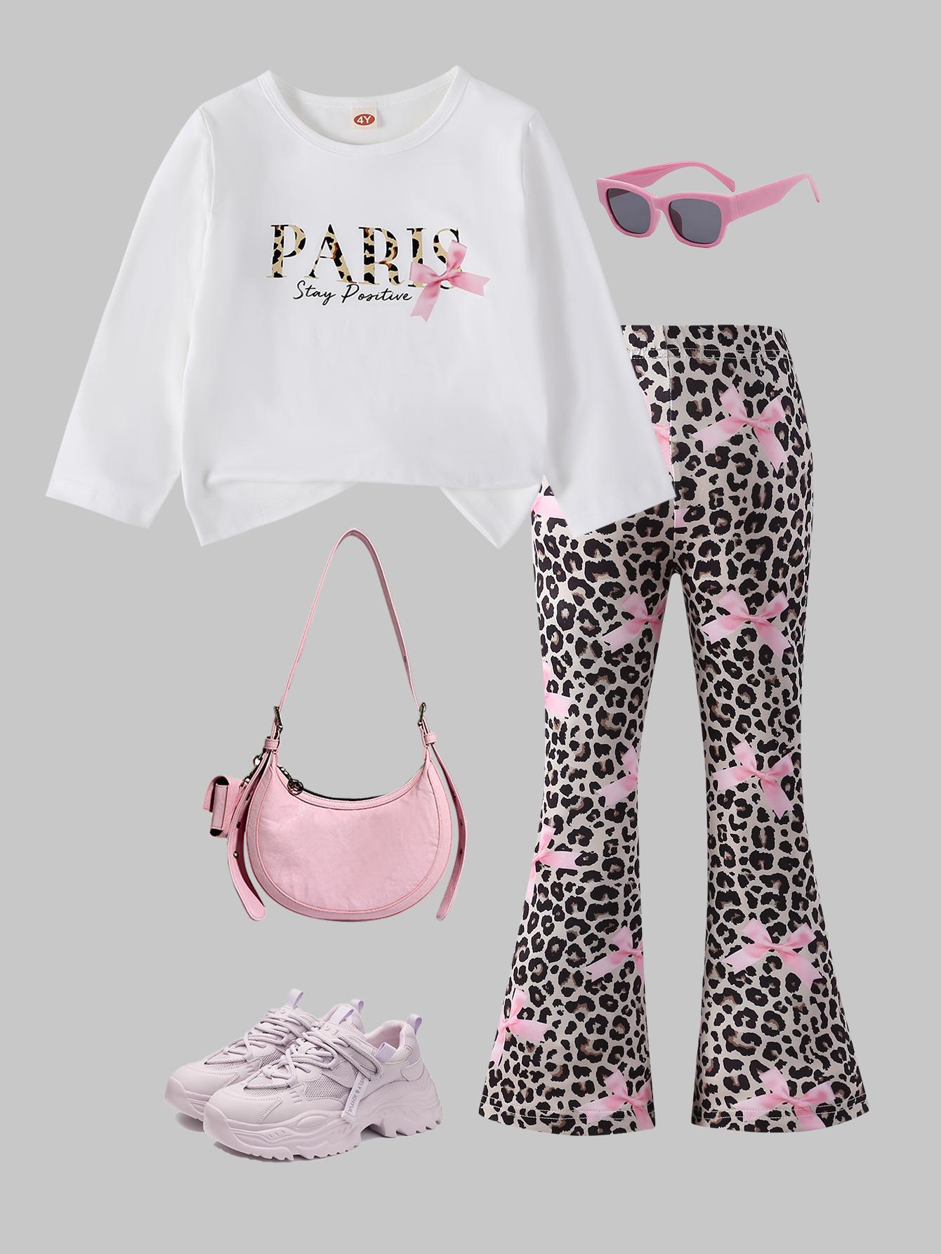 Girls 2-Piece Outfit, Letter Print Long Sleeve Top + Leopard Print Bow Flare Pants, Kids Spring Casual Set 4Y белый