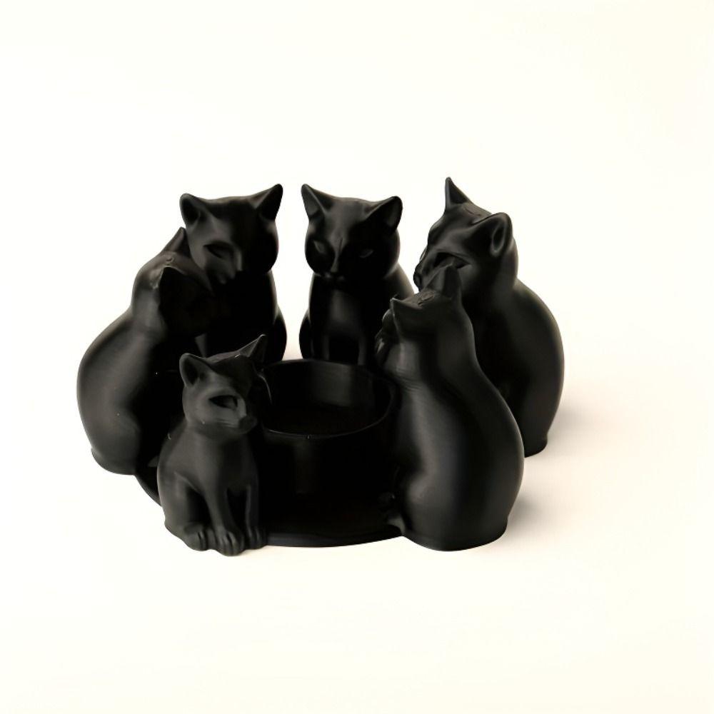 Schwarzer Katzenring Kerzenhalter Sitzendes Design 3D Gedruckter Kerzenständer Halter 6 Stück Set Stilvolle Akzente Katzen Verzierung