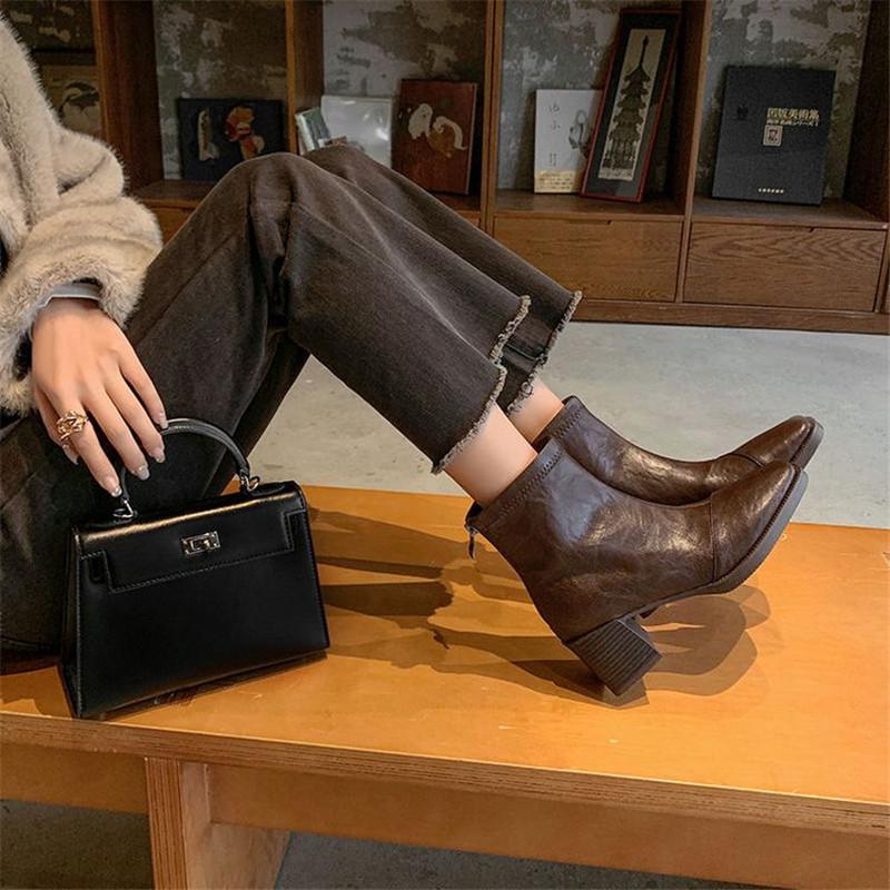 Fashion New Autumn Winter Split Leather Women Boot Shoes for Women Square Toe Fashion Boot Handmade High Heels Boots Zapatos De Mujer