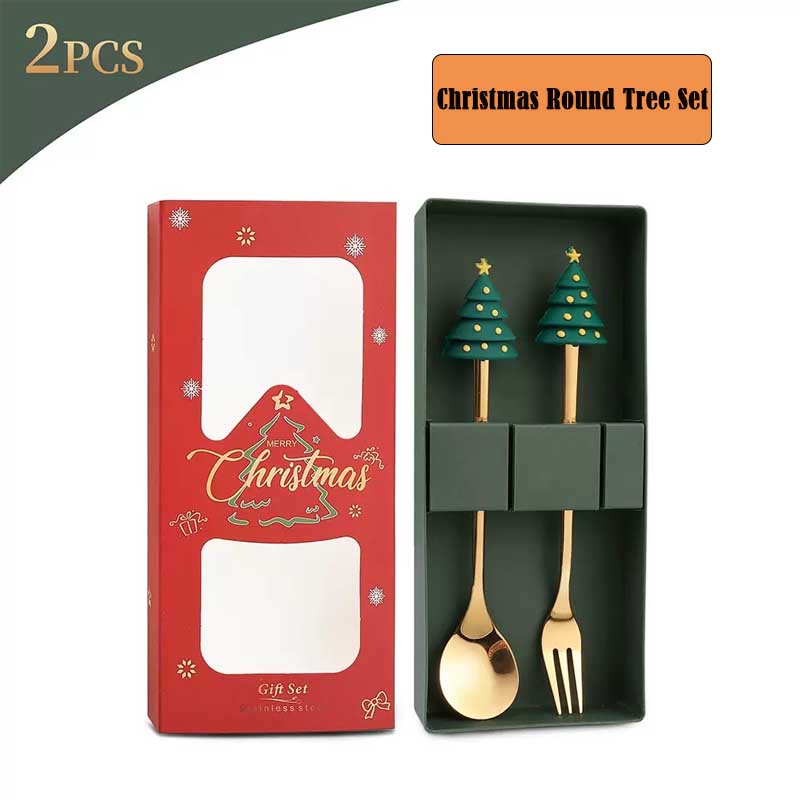 2PCS Stainless Steel Coffee Spoon Christmas Dessert Spoon Cake Fork Cartoon Christmas Tree Elk Spoon Fork Christmas Gift Box