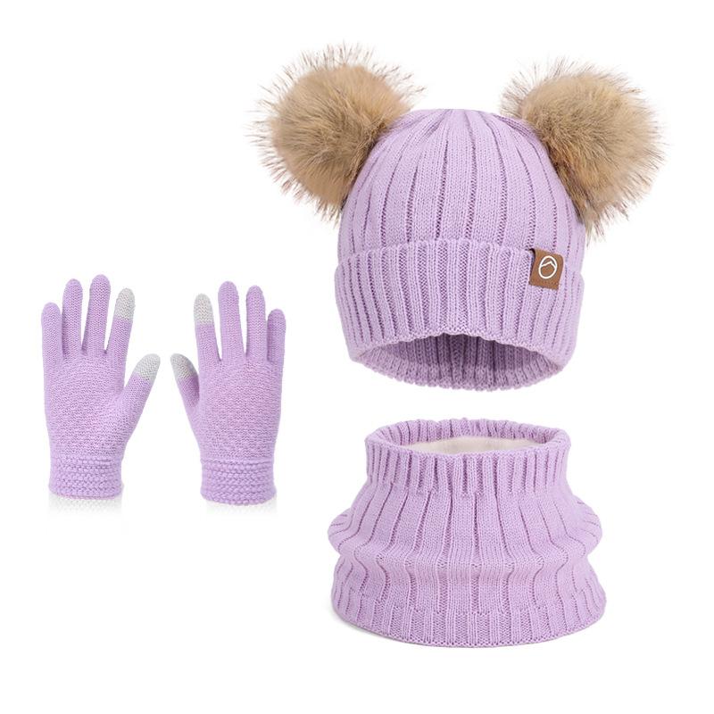 Children's hats Outdoor warm three-piece set Boys and girls fleece ear protector pullover hat Cute hairball knitted wool hat