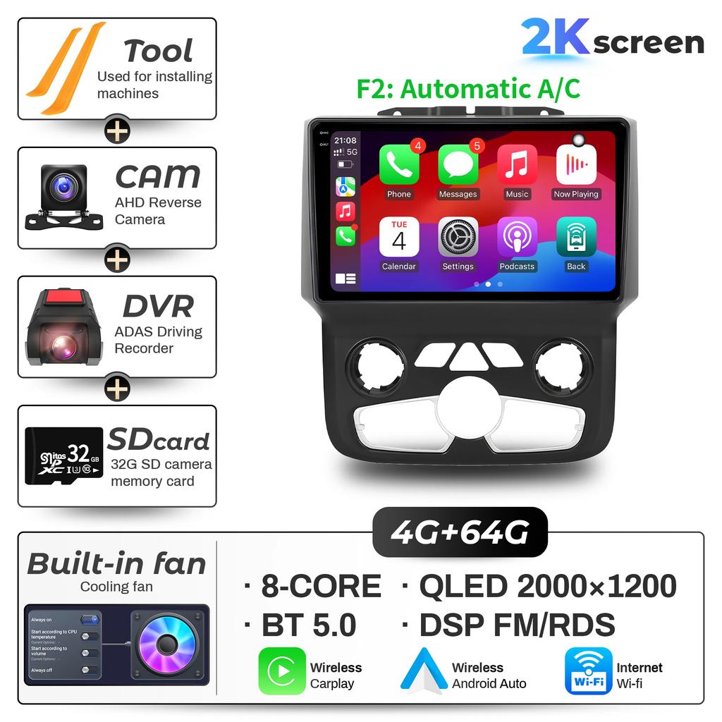 9"  Car Radio For Dodge RAM 1500 2500 2013-2019 Android 16 Wireless BT Carplay Multimedia Navigation Touch 2K QLED Screen