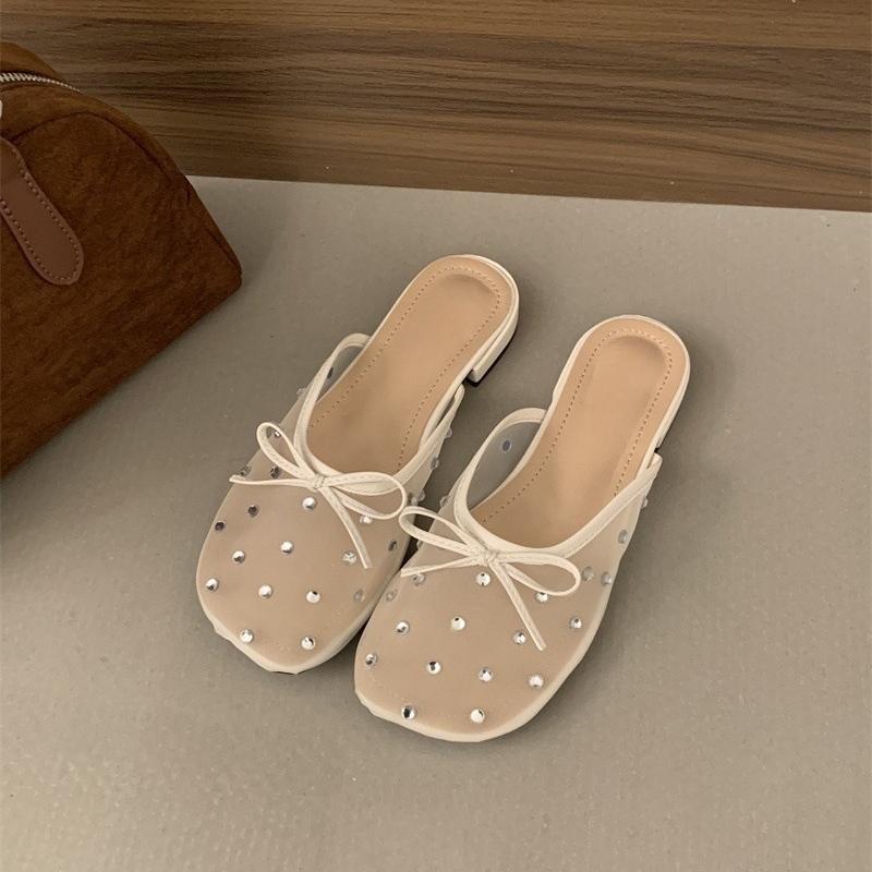 

Fashion Women s Summer Rhinestone Decor Lace Mules Breathable Mesh Ladies Slippers Fashion Cover Toe Dress Flats Slides for Women 35 абрикосовый