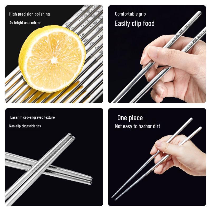 316 Stainless Steel Antibacterial Chopsticks Set - High-Grade, Anti-Mold, Food Safe 304 Tableware for Personal Use