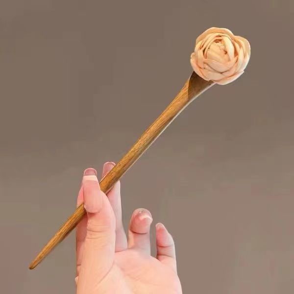 

1/2pcs Sandalwood Floral Hairpin - Antique-Inspired Elegant Hair Accessory with Pink Roses & Golden Accents for Cheongsam,Hanfu