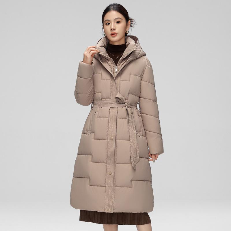 Giacca Lunga da Donna Invernale in Piuma d'Anatra e Cotone con Cintura Spessa Calda Lusso Slim Parka con Cappuccio