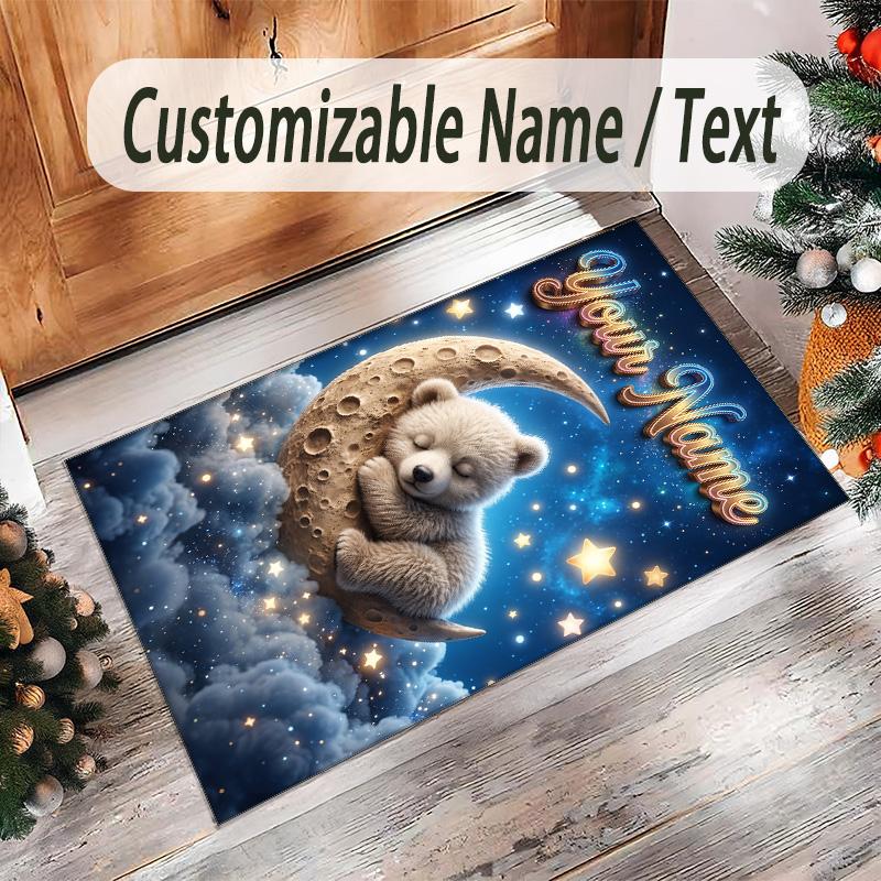 Teddy Bear Theme Crystal Velvet Rug Personalized Custom Name Text Soft Floor Mat Home Decor