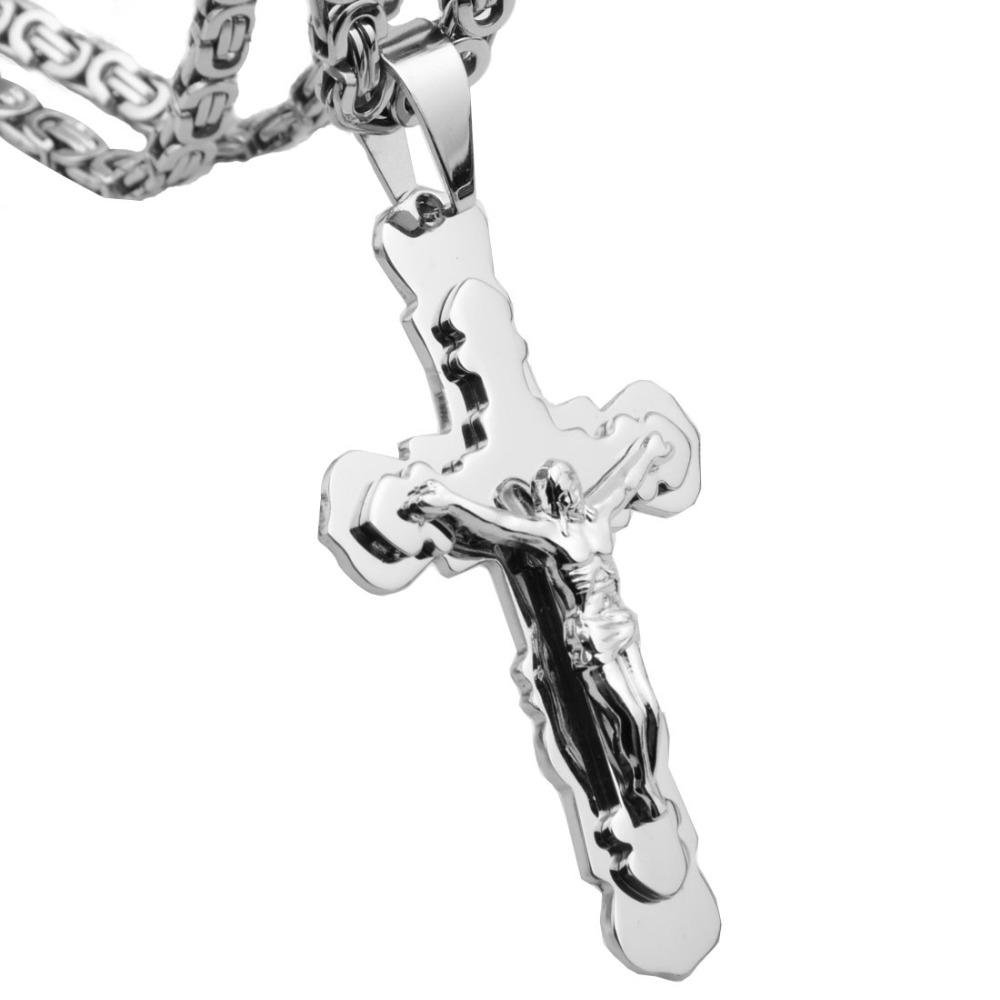 Nuova Moda 316 Acciaio Inossidabile Uomo Donna Colore Argento Ciondolo Croce Collana con 6mm 18-30 Pollici Catena Maglia Bizantina