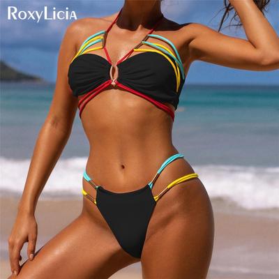 Costume da bagno femminile con spalline taglio alto con scollo all'americana Costume da bagno donna Costume da bagno bikini a due pezzi Costume da bagno da bagno