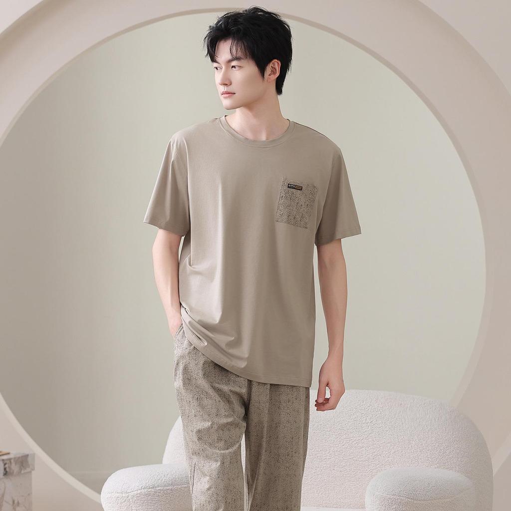 Men's Summer Cotton Pajama Set: Short Sleeve Top & Long Pants, Loose Fit, Outdoor & Home Wear
