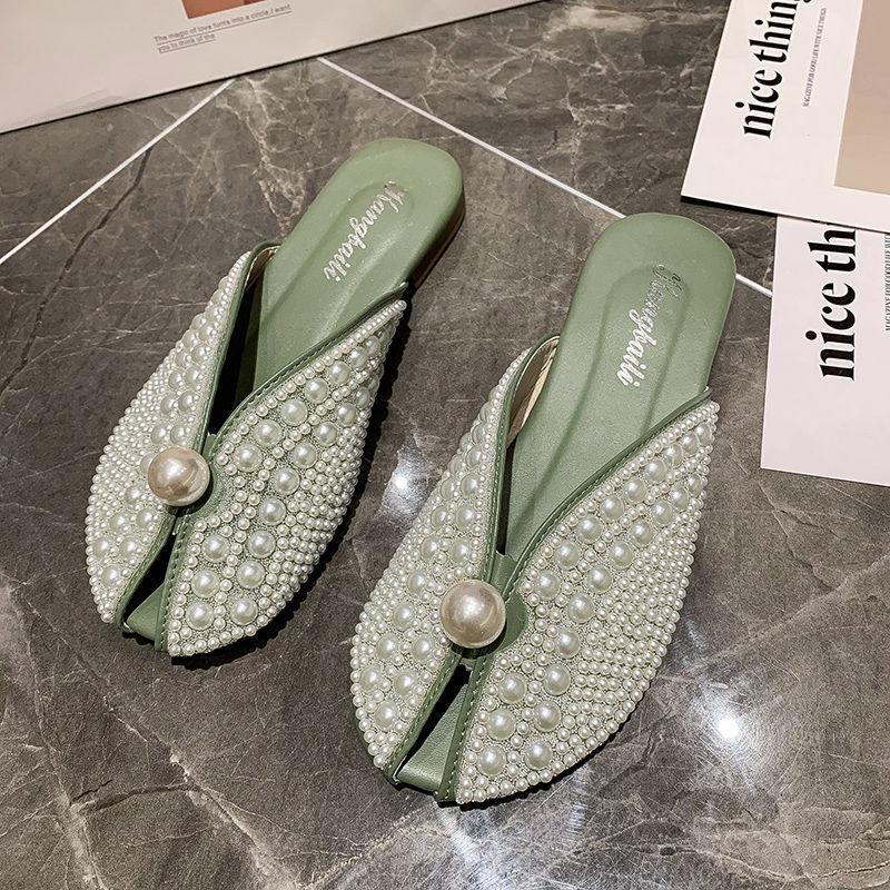 Slippers Summer New 2025 Fashion Rhinestone Home Women's Mules Shoes Elegant Mirror Luxury Designer Flat Low Sandals Woman House