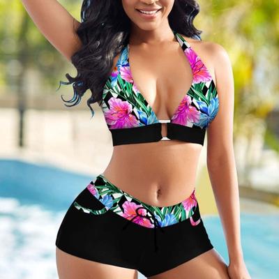 2 Pcs/Set Summer Bikini Set Padded Halter Neck Colorful Print Wire Free High Waist
