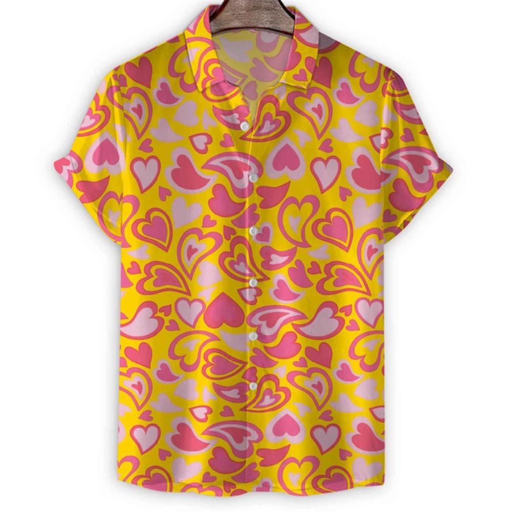 Cartoon 3d Print Love Heart Hawaiian Shirt Men Women Summer Short Sleeve Tees Lapel Button Shirts Tops Street Oversized Blouse