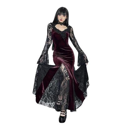 Damen Cosplay Kleid im dunklen Stil, Halloween-Party-Kostüm, Spitze, Patchwork, Blumenstickerei, Fischschwanzsaum, lange Ärmel, enge Taille, A