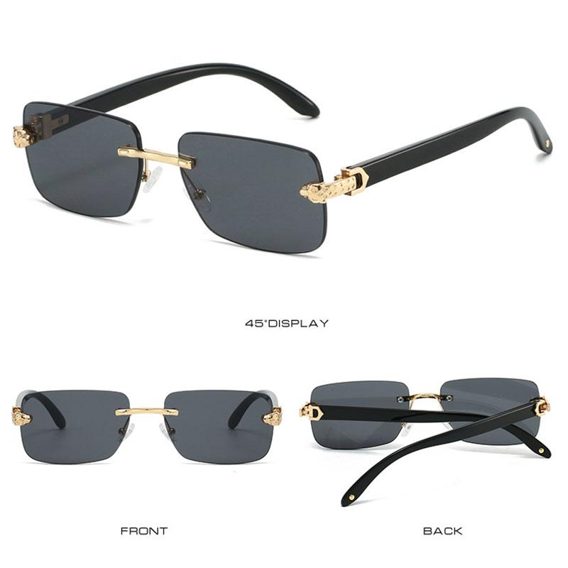 Rimless Square Sunglasses Women For Men Vintage Sun Glasses Punk Popular Leopard Head Luxury Brand Designer Wooden Grain Shades