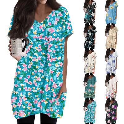 Damen Modisches Und Lässiges V-Ausschnitt Blumenmuster Mittellanges Taschen Kurzarm Oberteil