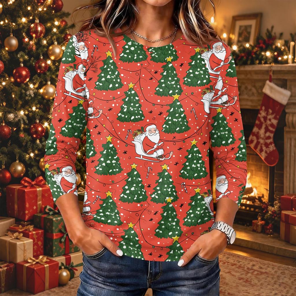 Women's Christmas Print Long Sleeve Neck Pullover Top
