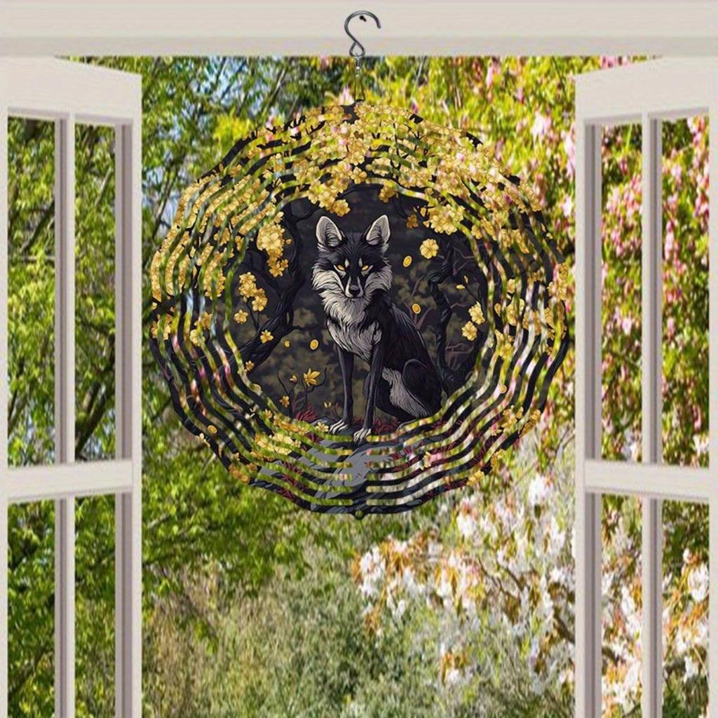 Yellow Sakura Fox Wind Spinner Outdoor Garden Decor 2D Kinetic Art Hanging Rotating Wind Chime with 360 Degree Hook for Patio Yard Holiday
