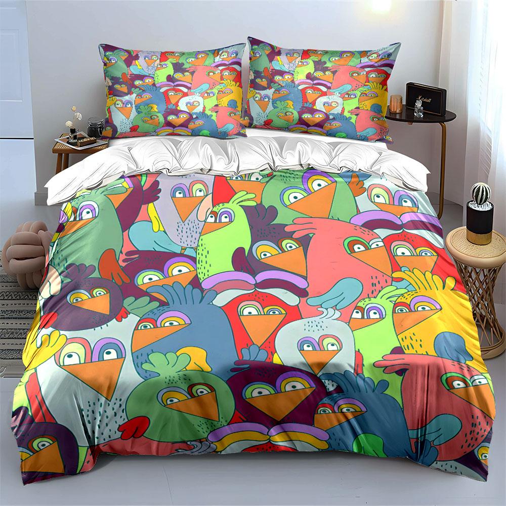 Colorful Cartoon Bird Illustration Printed Duvet Cover Set1 Duvet Cover+2 Pillowcasemulti Size Bedroom Bedding Decor