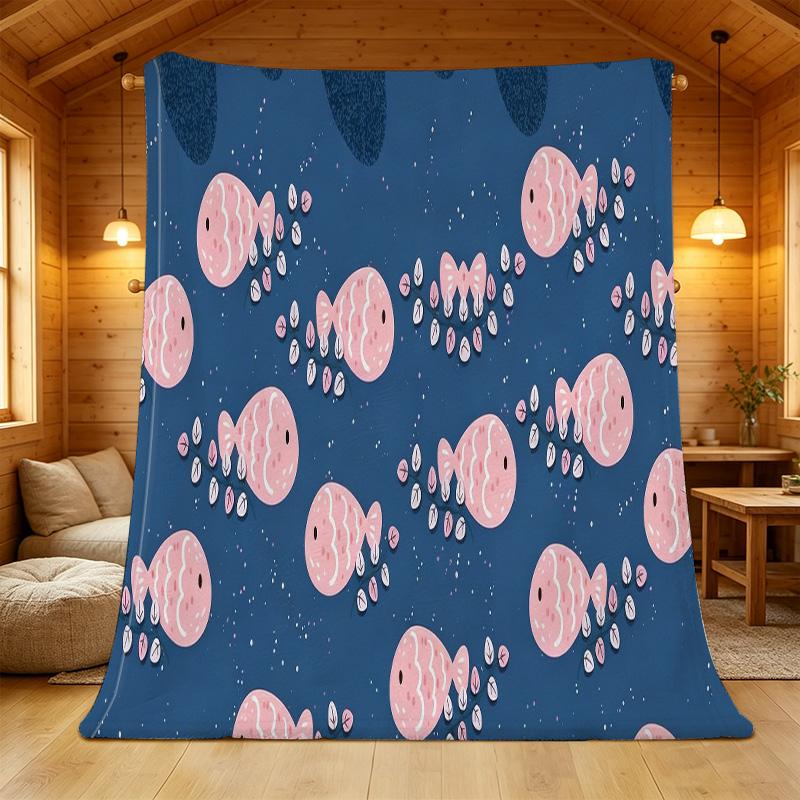 Cartoon Fish Flannel Blanket: Warm, Lightweight & Skin-Friendly Soft Throw for Home, Couch Naps, Window Seat, Perfect for Christmas & Halloween