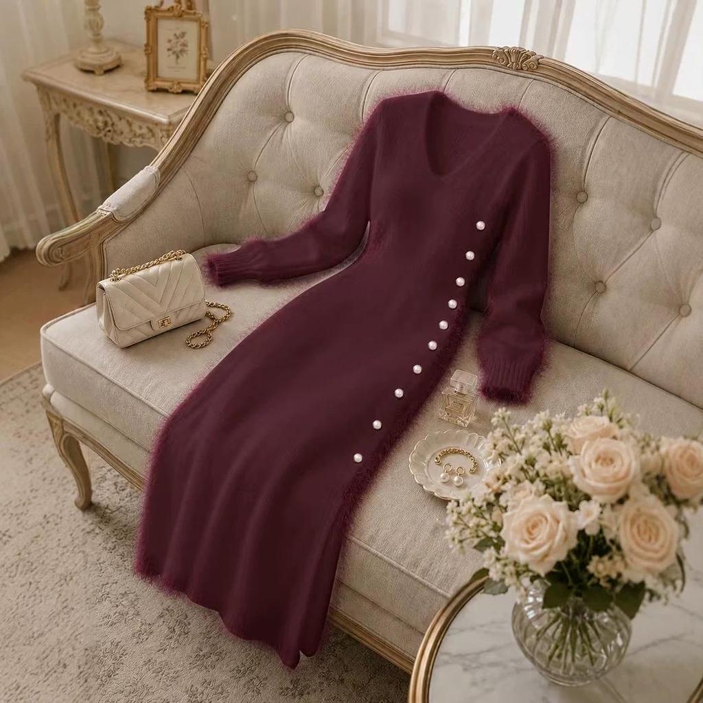 Women's V-Neck Long Sleeve Button-Down Knit Sweater Dress for Autumn/Winter