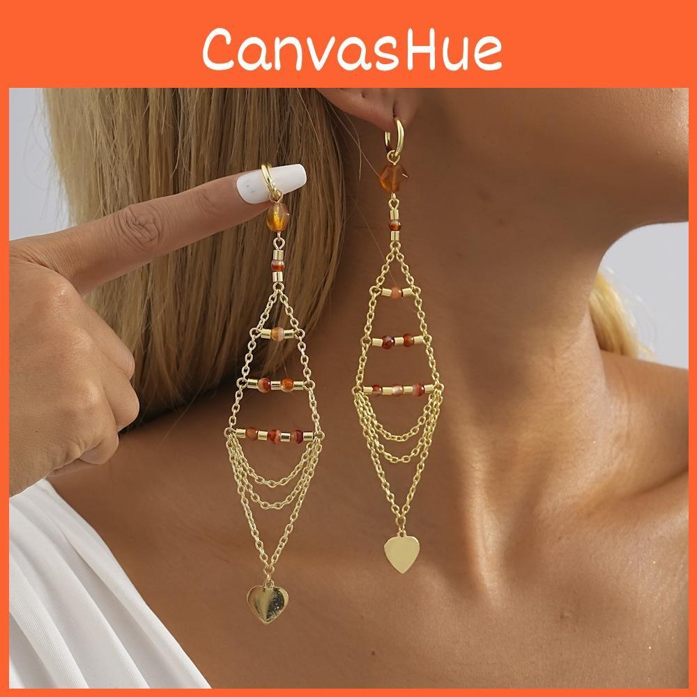 2023 Gold Glamorous Plated Triangle Crystal Heart Tassel Earrings Women For