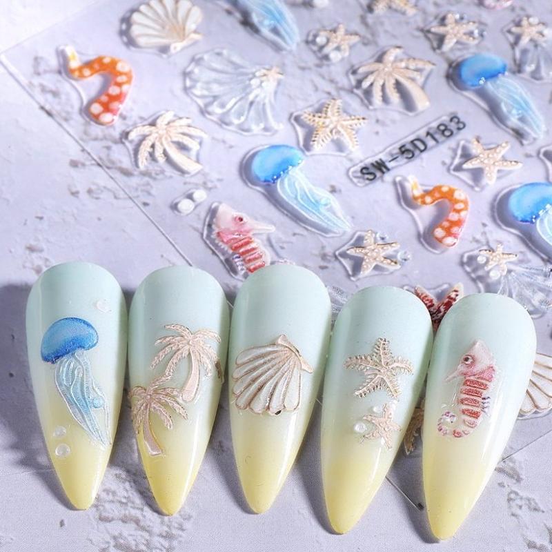 Jellyfish Summer Beach Nail Stickers Colorful Shell Starfish Conch Fish Adhesive Sliders Embossed Decals Manicure Foils Decor