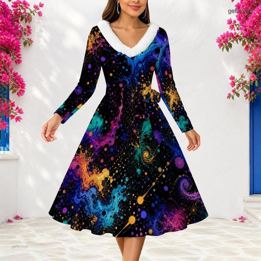 Women Plus Size V Neck Furry Trim Long Sleeve Rainbow Tie Dye A Line Dress