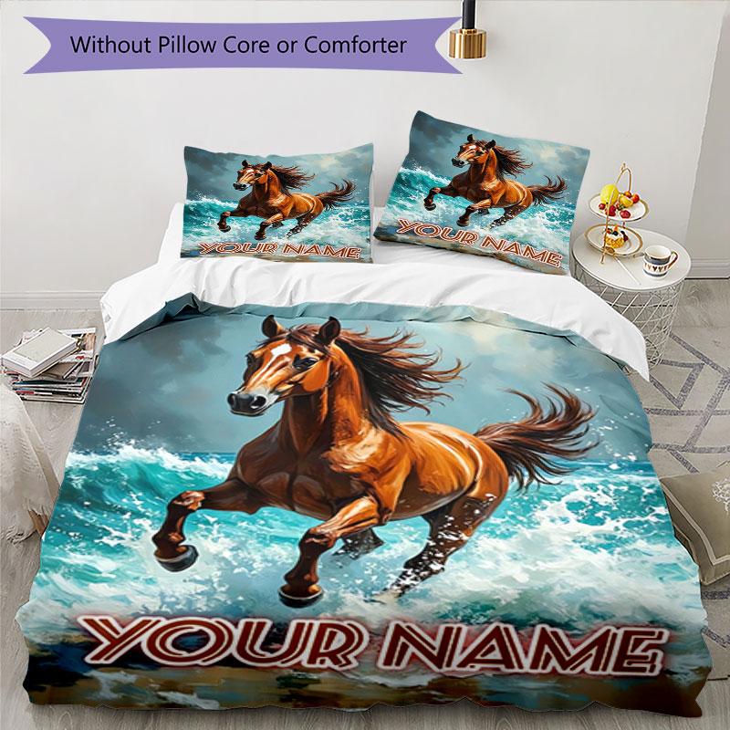 3PC Custom Name Horse Waves Bedding Set Duvet Cover Closure Includes 1 Duvet Cover & 2 Pillowcases for Bedroom