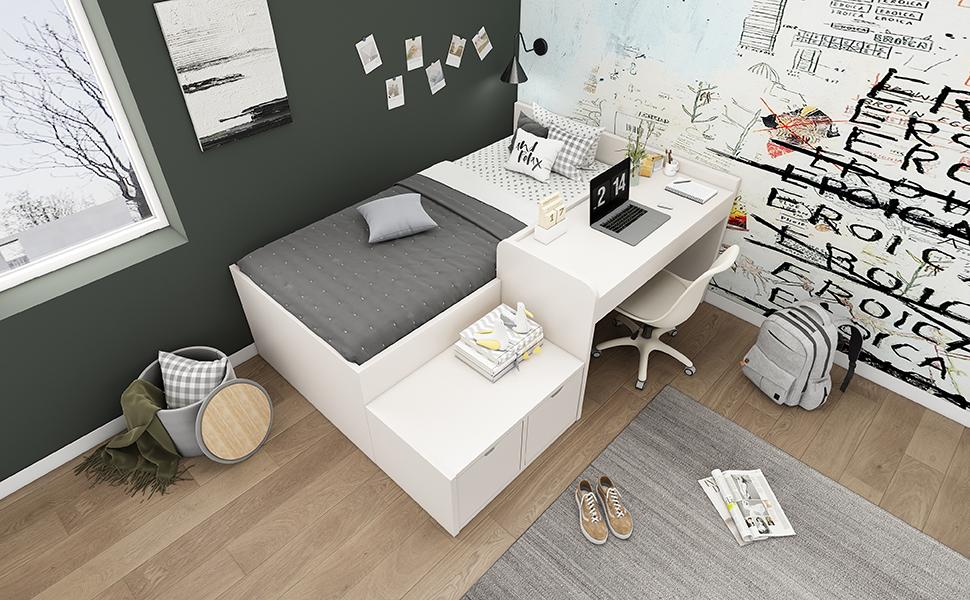 Children's Bed, Solid Wood Single Bed with Desk and Drawers, 90 x 200 cm, White, Storage Bed with Slatted Frame, for Boys & Girls (Without Mattress)