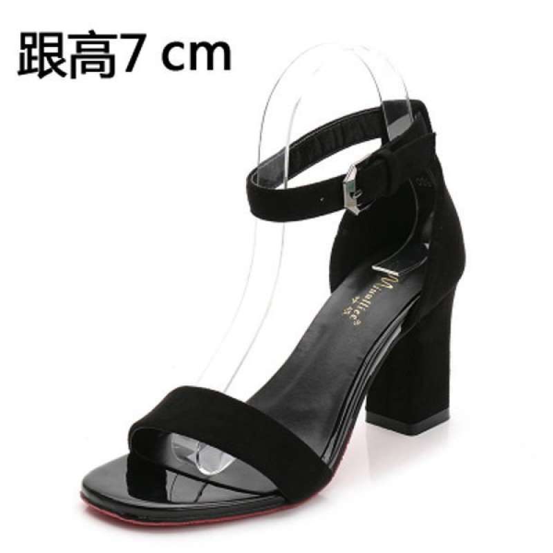 Flat heel black sandals women's summer flat bottom medium heel low heel versatile 2025 new one-word buckle pearl thick heel women's shoes