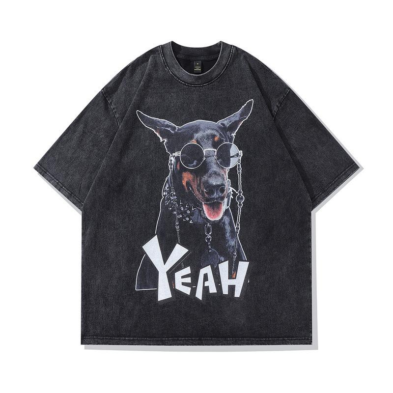 Hip Hop Gangster Washed Half-Sleeved T-Shirt Men'S European And American High Street Vintage Retro Loose Short-Sleeved Tee