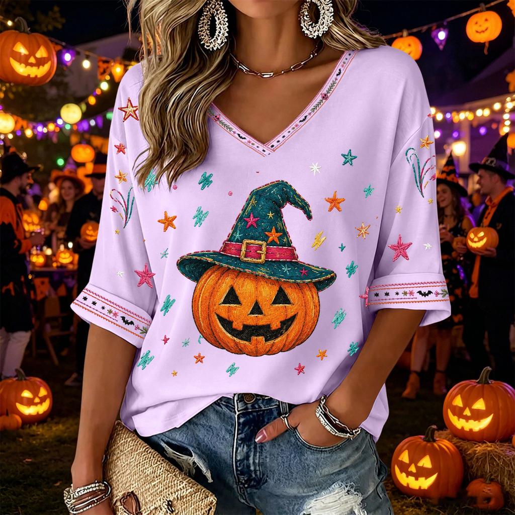 Women's V-Neck Three-Quarter Sleeve Halloween Print Blouse for Party and Costume Wear