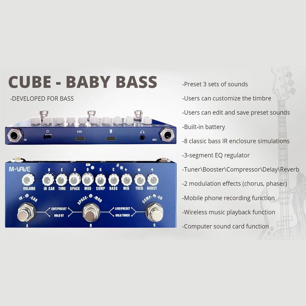 M-VAVE CUBE BABY Portable Multifunctional Bass Combined Effect Pedal with Wireless Music Playback Phone Recording Audio Type-C