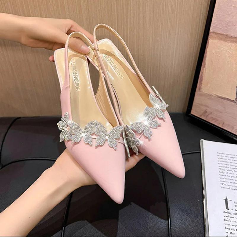 Hot Selling Women Crystal High Heels Sandals Shoes Butterfly Pointed Toe Slippers 2025 New Summer Elegant  Brand Shoes Mujer