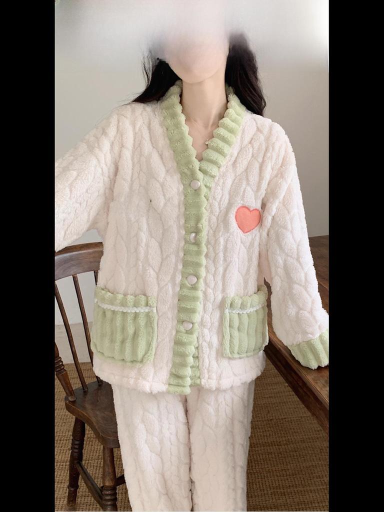 Women's Coral Fleece Pajamas - Warm, Thick, & Sweet Flannel for Fall/Winter, Wear Indoors/Outdoors