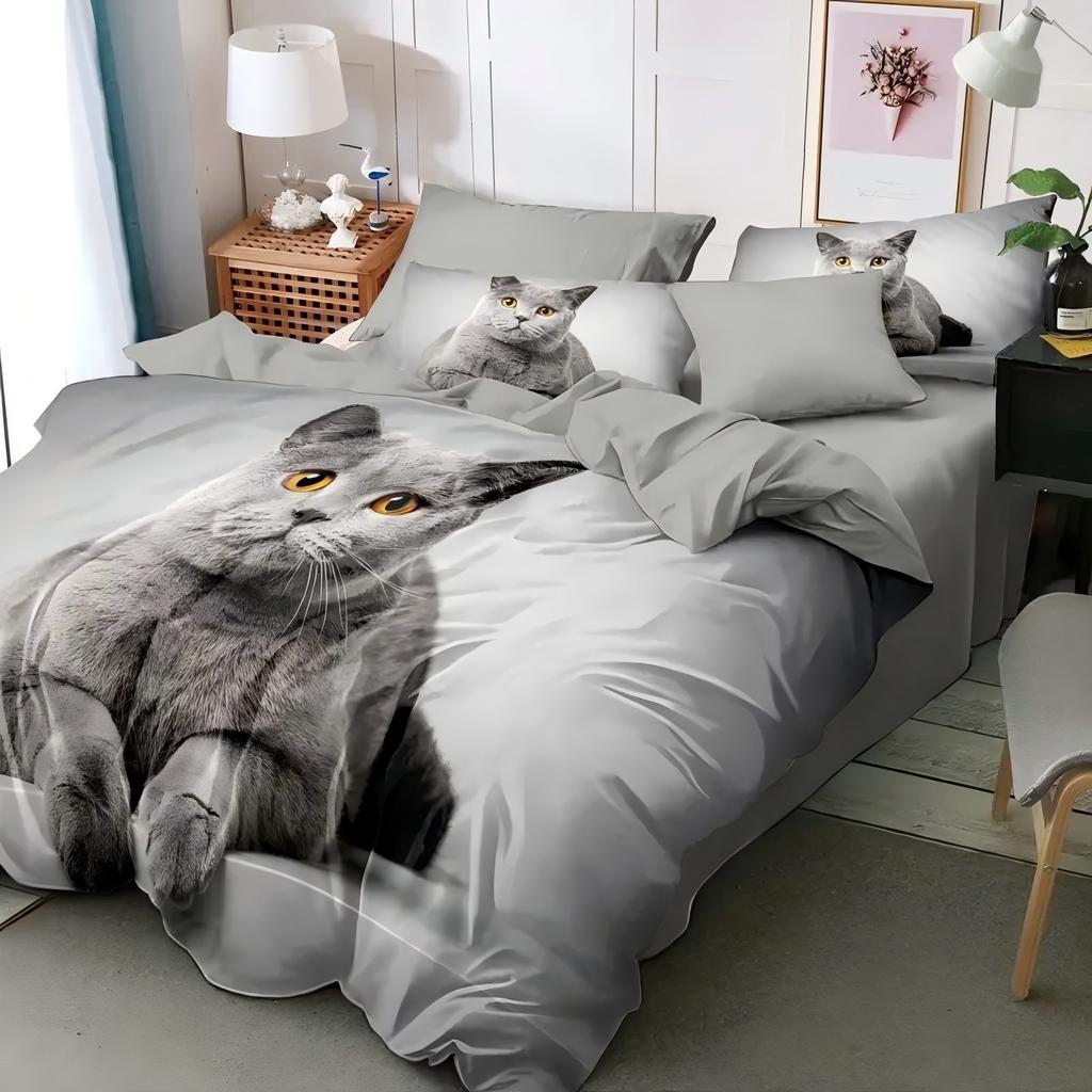 Comforter Cute Grey Cat Pattern 3D Printed Animal Pet Theme Luxury Bedding Set Soft Comfortable Set