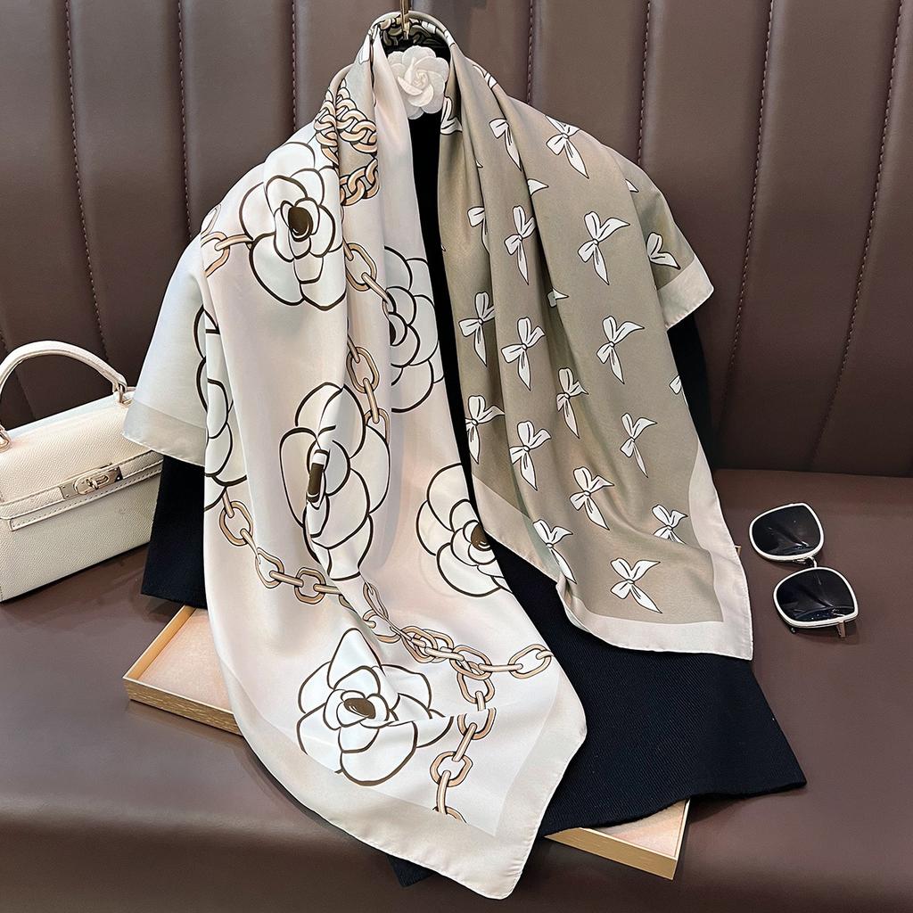 Korean Fashion Vintage Elegant Camellia Printed Square Scarf For Women