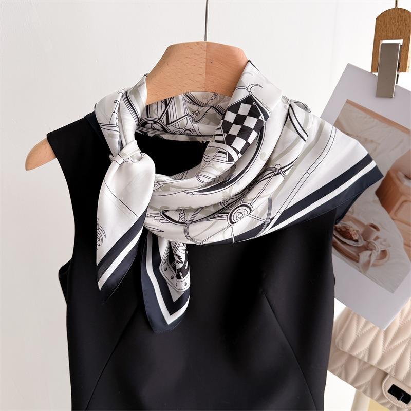 68cm Retro Mechanical Printed Scarf Women's Spring and Summer New Imitation Silk Square Scarf High-end Versatile Shawl Headscarf