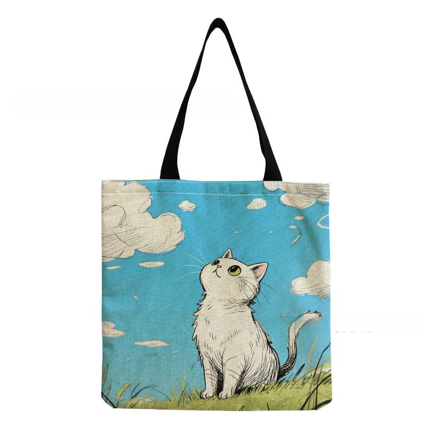 Women Vintage Linen Tote Bag - Large Capacity Cat Print Shoulder Handbag for Casual & Grocery Shopping KTB