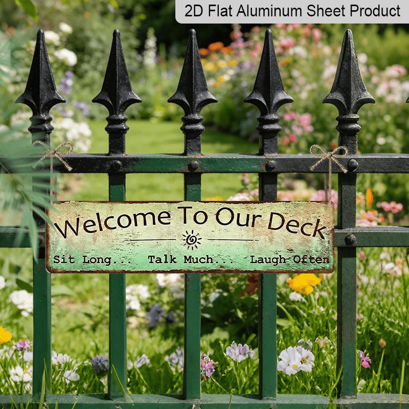 2D Flat 1pc Welcome To Our Deck Metal Sign, Outdoor Living, Rustic Decor-3.94x15.75 Inch-Decoration for Cave, Outdoor/ Use, Aluminium Decorative