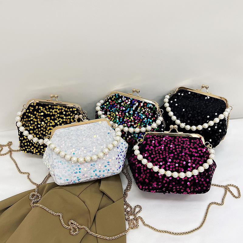 Sac à main tendance personnalisé à boucle clip, sequins, chaîne de perles brillantes, sac bandoulière portable, style exotique, sac de soirée