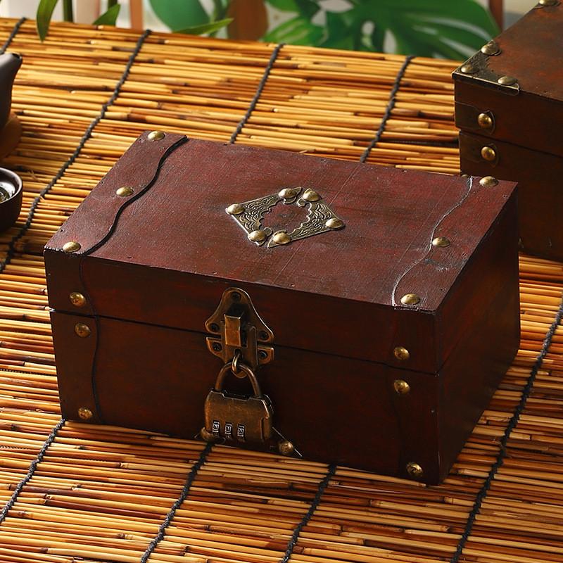 Antique Wooden Desktop Organizer Boxes With Lock For Home Gifts Decorations
