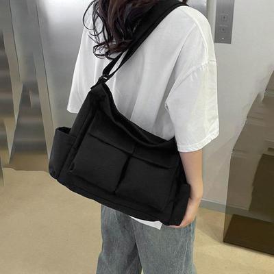 Women Solid Color Zipper Bucket Type Crossbody Bag Leisure Canvas Inclined Shoulder Bags Adjustable Band Strap Large Capacity